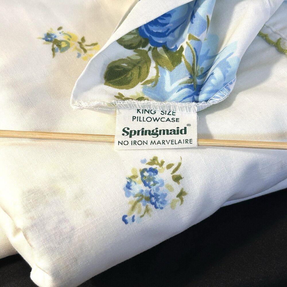 Vtg Springmaid 3 pc Twin Sheet Set Blue Rose Floral Yellow Green Scalloped Trim - Picture 8 of 12